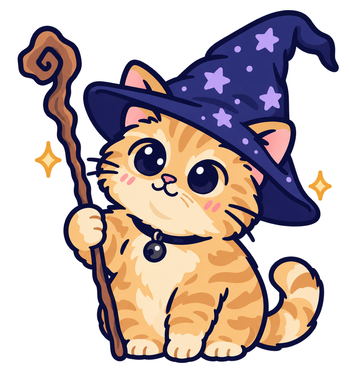 A golden cat in a purple wizard hat holding a staff